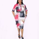 Flowered Belted Shirt Dress