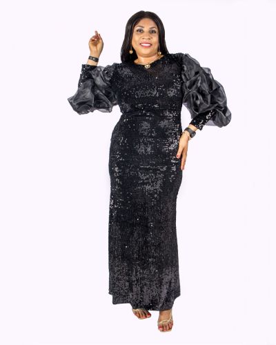 Black Sequence Mesh Sleeve Dress