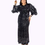 Black Sequence Mesh Sleeve Dress