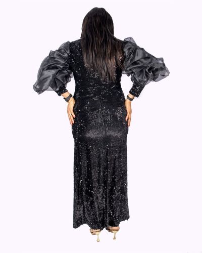 Black Sequence Mesh Sleeve Dress