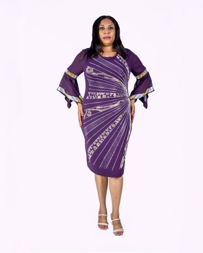Purple Stoned Dress with Mesh Sleeve