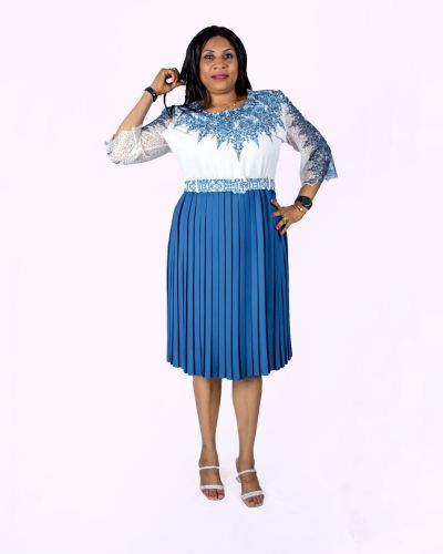 White & Blue Pleated Dress