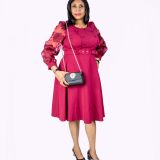 Wine Belted Dress with Chiffon Sleeves